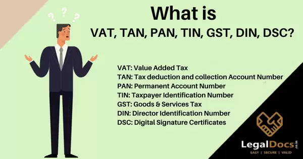 What is VAT, TAN, PAN, TIN, GST, DIN, DSC?